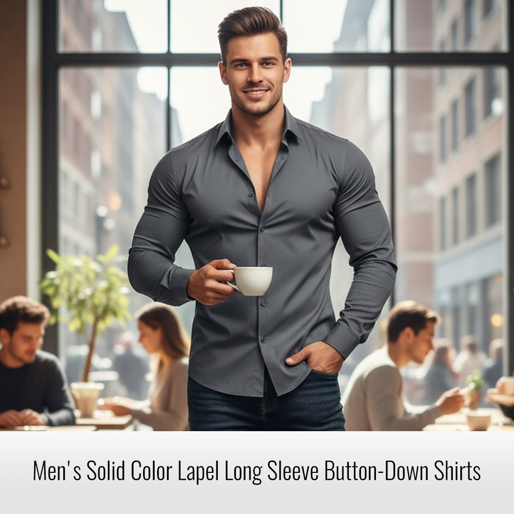 Chemise Boutonnée à Manches Longues à Col Revers de Couleur Unie pour Homme