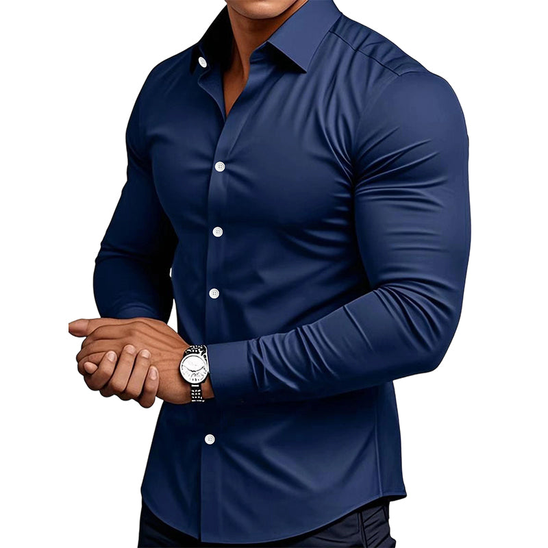 Chemise Boutonnée à Manches Longues à Col Revers de Couleur Unie pour Homme