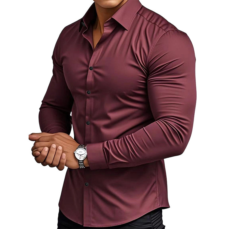 Chemise Boutonnée à Manches Longues à Col Revers de Couleur Unie pour Homme