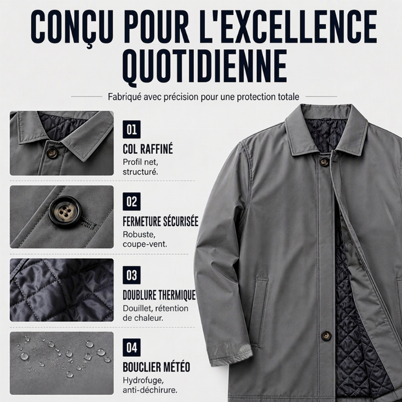 ⏳Liquidation totale⏳Trench-coat matelassé et résistant à l'eau pour homme