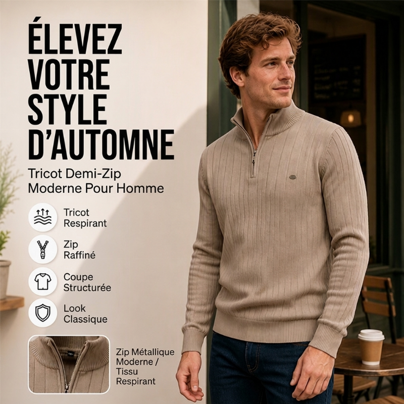 Pull en maille décontracté à col montant et demi-zip pour homme