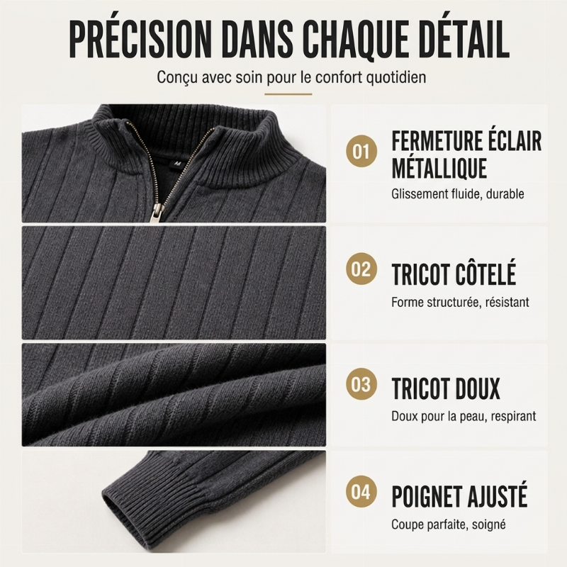Pull en maille décontracté à col montant et demi-zip pour homme