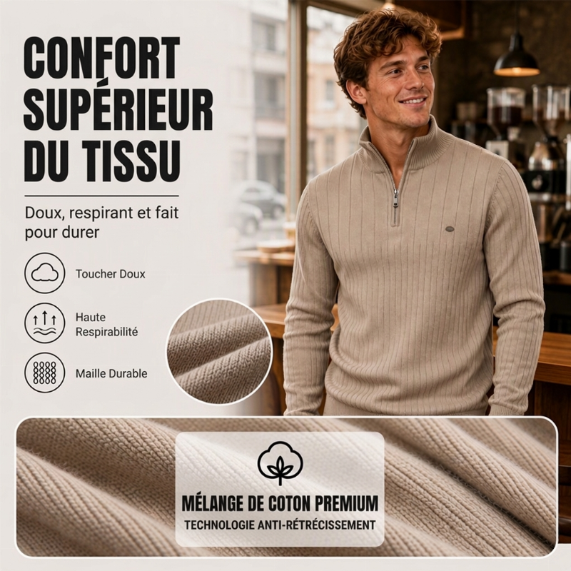 Pull en maille décontracté à col montant et demi-zip pour homme