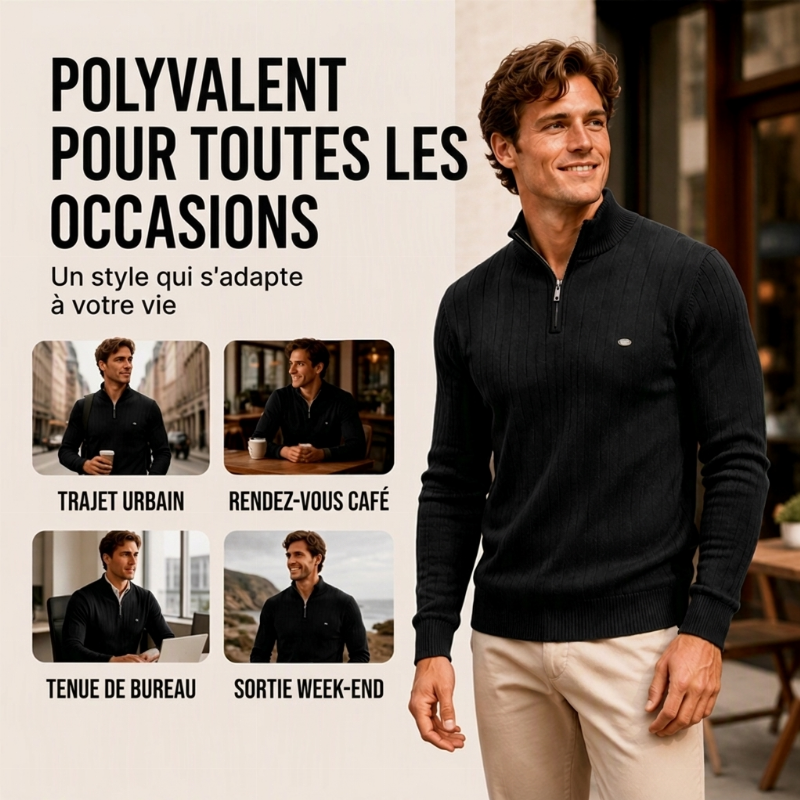 Pull en maille décontracté à col montant et demi-zip pour homme