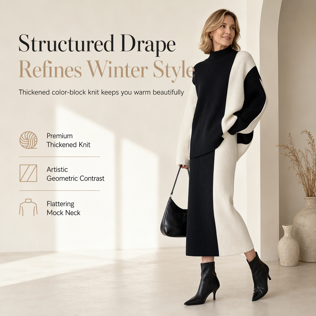 👜 -50 % sur toute la mode femme ! ✨ Women's Autumn Winter Color Block Knit 2-Piece Set Thickened Pullover Sweater and Skirt