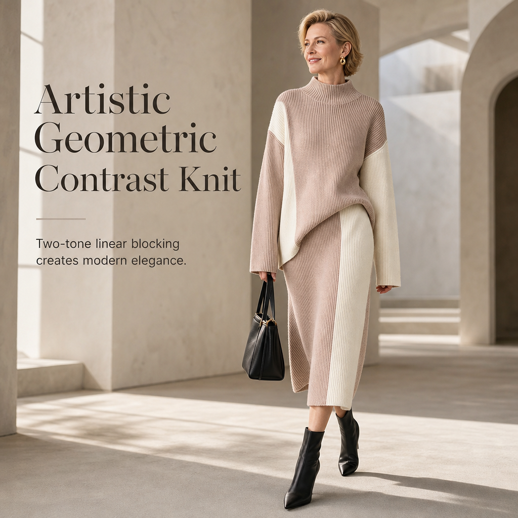 👜 -50 % sur toute la mode femme ! ✨ Women's Autumn Winter Color Block Knit 2-Piece Set Thickened Pullover Sweater and Skirt