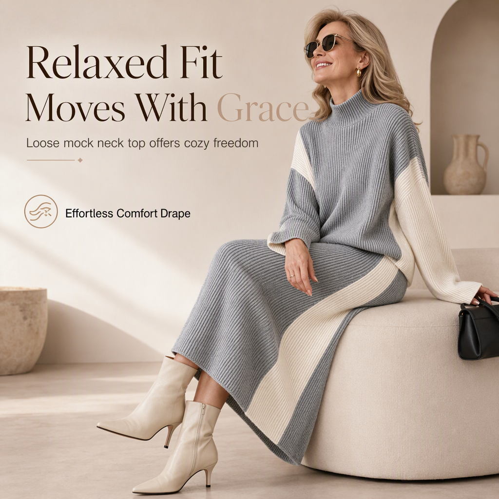 👜 -50 % sur toute la mode femme ! ✨ Women's Autumn Winter Color Block Knit 2-Piece Set Thickened Pullover Sweater and Skirt