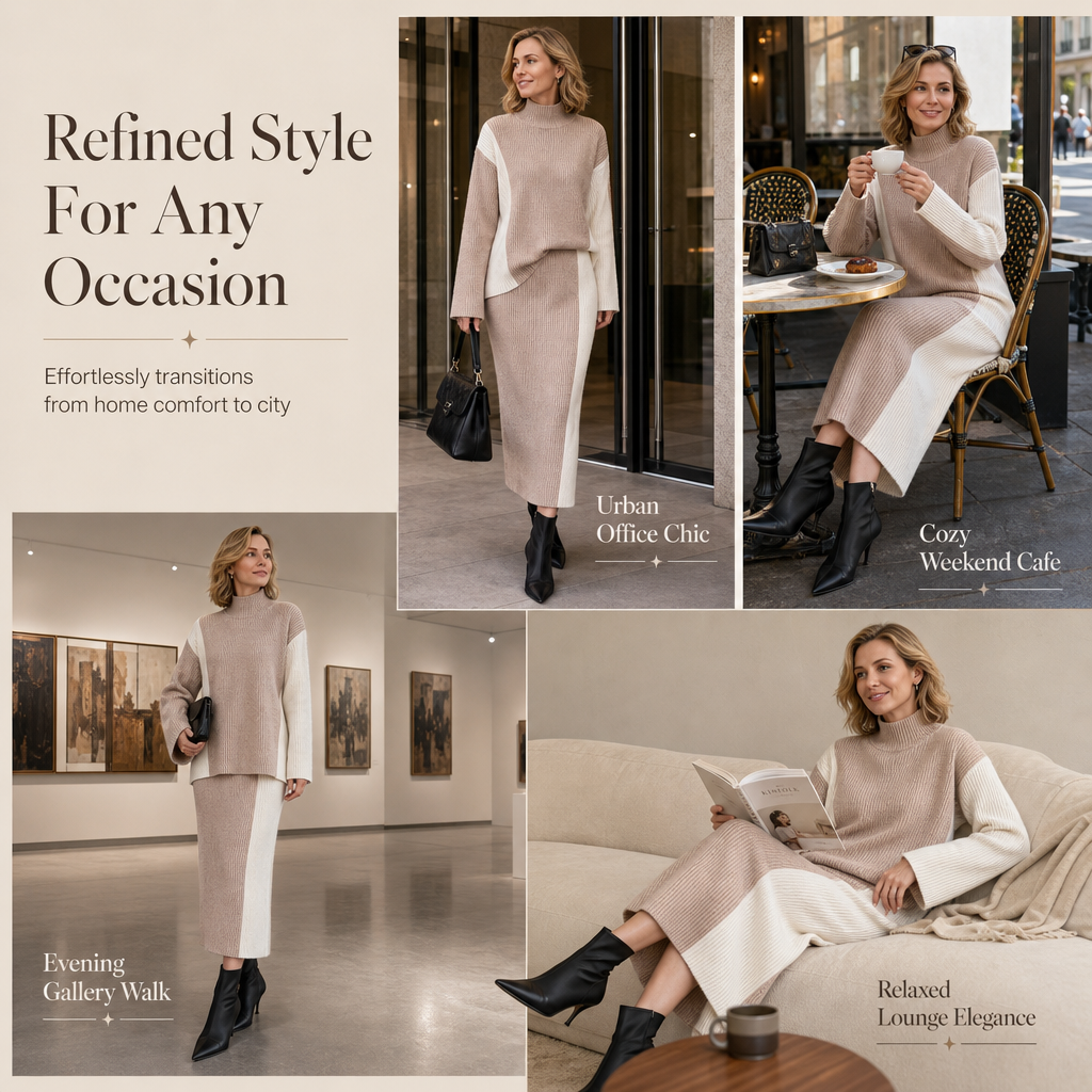 👜 -50 % sur toute la mode femme ! ✨ Women's Autumn Winter Color Block Knit 2-Piece Set Thickened Pullover Sweater and Skirt