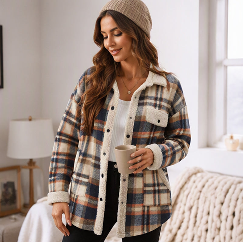 ⏳Liquidation totale⏳Veste à carreaux à blocs de couleur décontractée pour femme