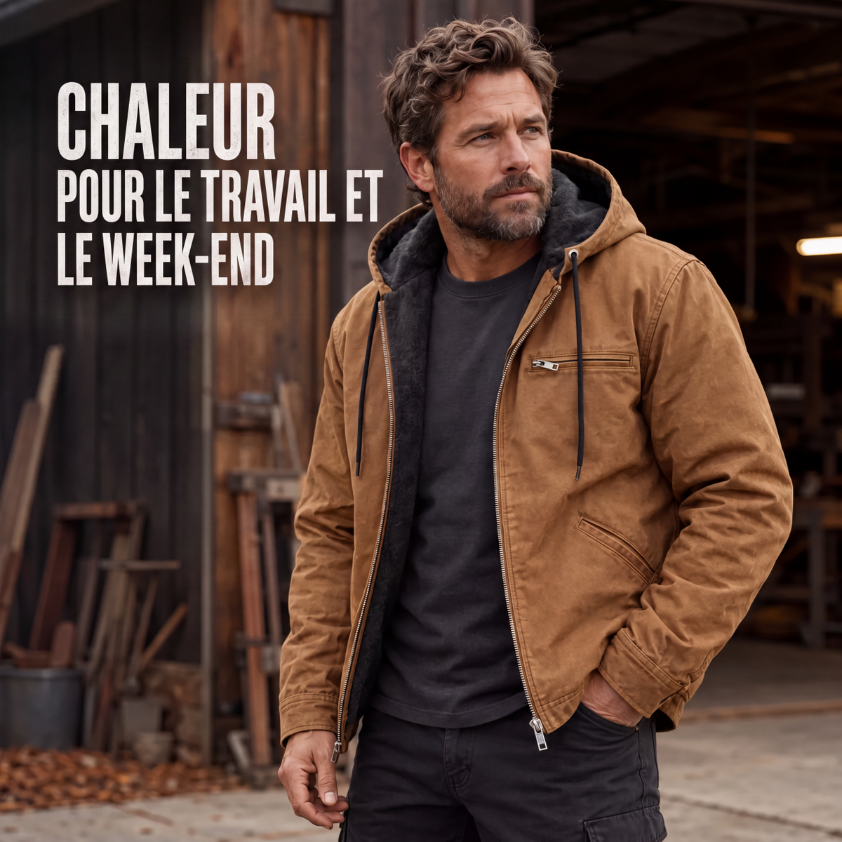 ⏳Liquidation totale⏳Veste de travail à capuche doublée de peluche pour homme