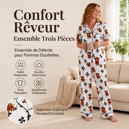 ⏳Liquidation totale⏳Ensemble de pyjama 3 pièces pour femme à motif vache Highland