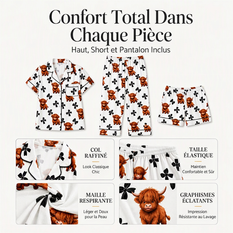 ⏳Liquidation totale⏳Ensemble de pyjama 3 pièces pour femme à motif vache Highland