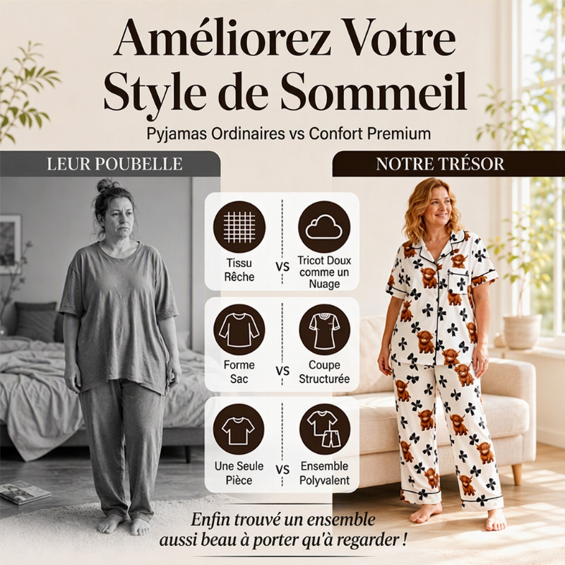 ⏳Liquidation totale⏳Ensemble de pyjama 3 pièces pour femme à motif vache Highland