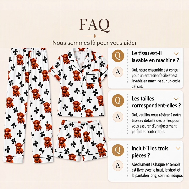 ⏳Liquidation totale⏳Ensemble de pyjama 3 pièces pour femme à motif vache Highland