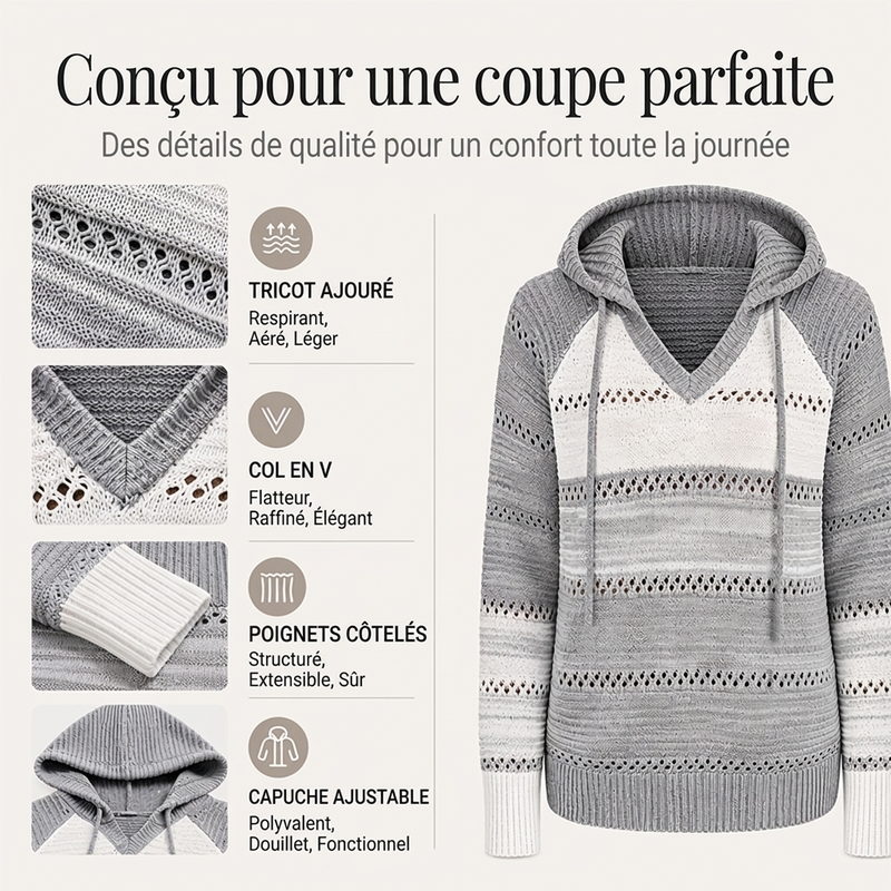 ⏳Liquidation totale⏳Sweet-capuche en maille ajourée et colorblock pour femme