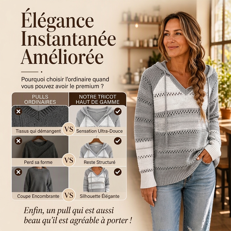 ⏳Liquidation totale⏳Sweet-capuche en maille ajourée et colorblock pour femme