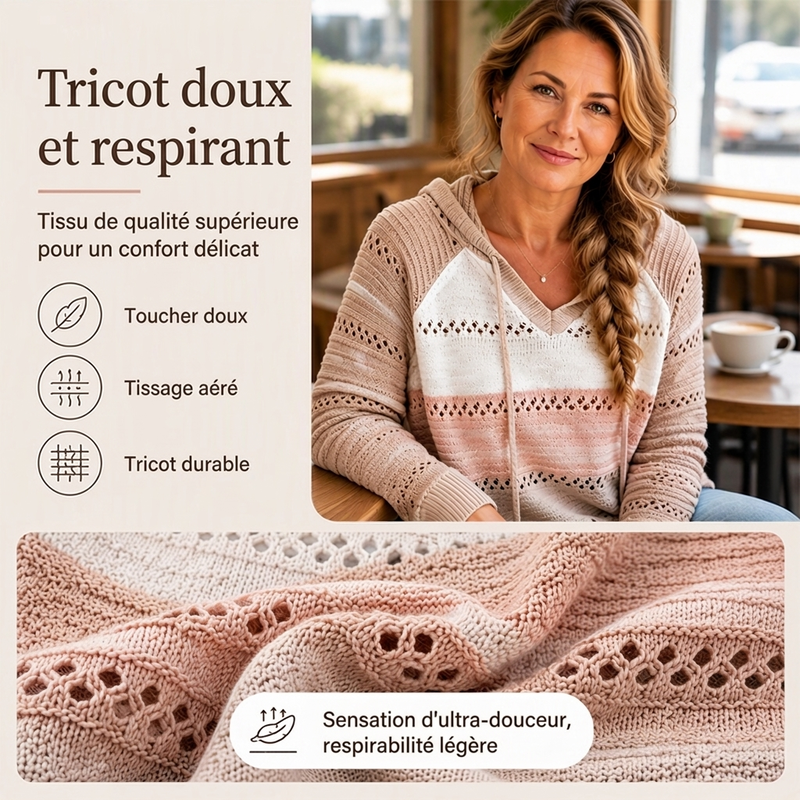 ⏳Liquidation totale⏳Sweet-capuche en maille ajourée et colorblock pour femme