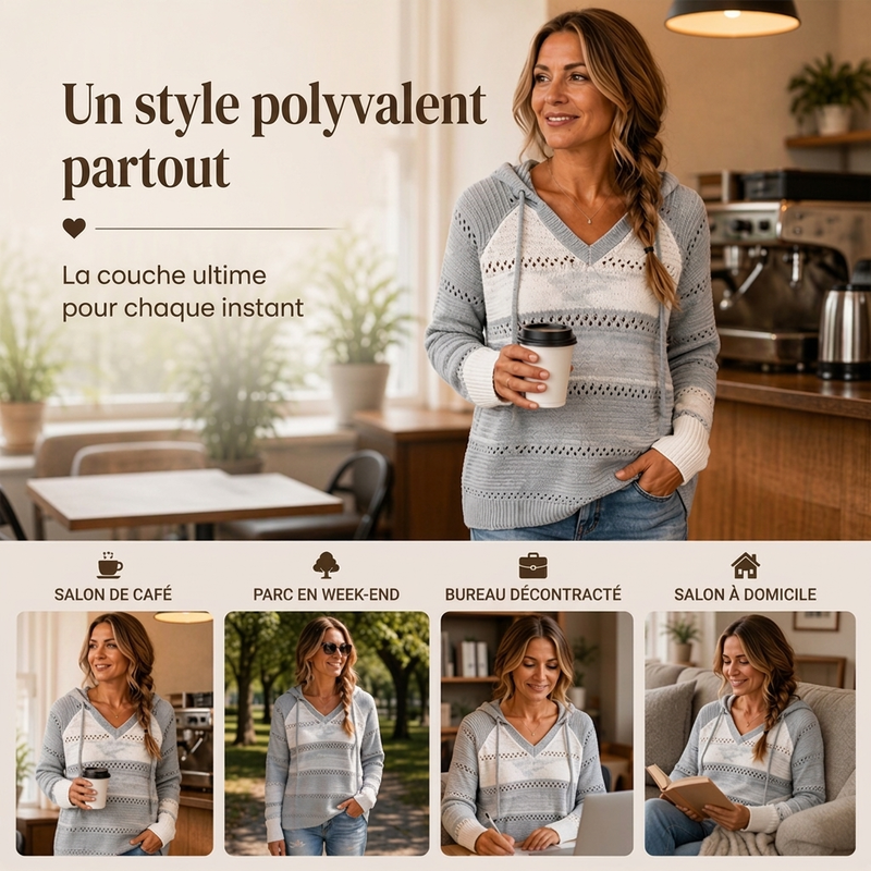 ⏳Liquidation totale⏳Sweet-capuche en maille ajourée et colorblock pour femme