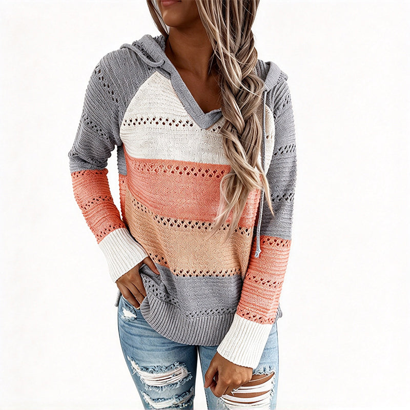 ⏳Liquidation totale⏳Sweet-capuche en maille ajourée et colorblock pour femme