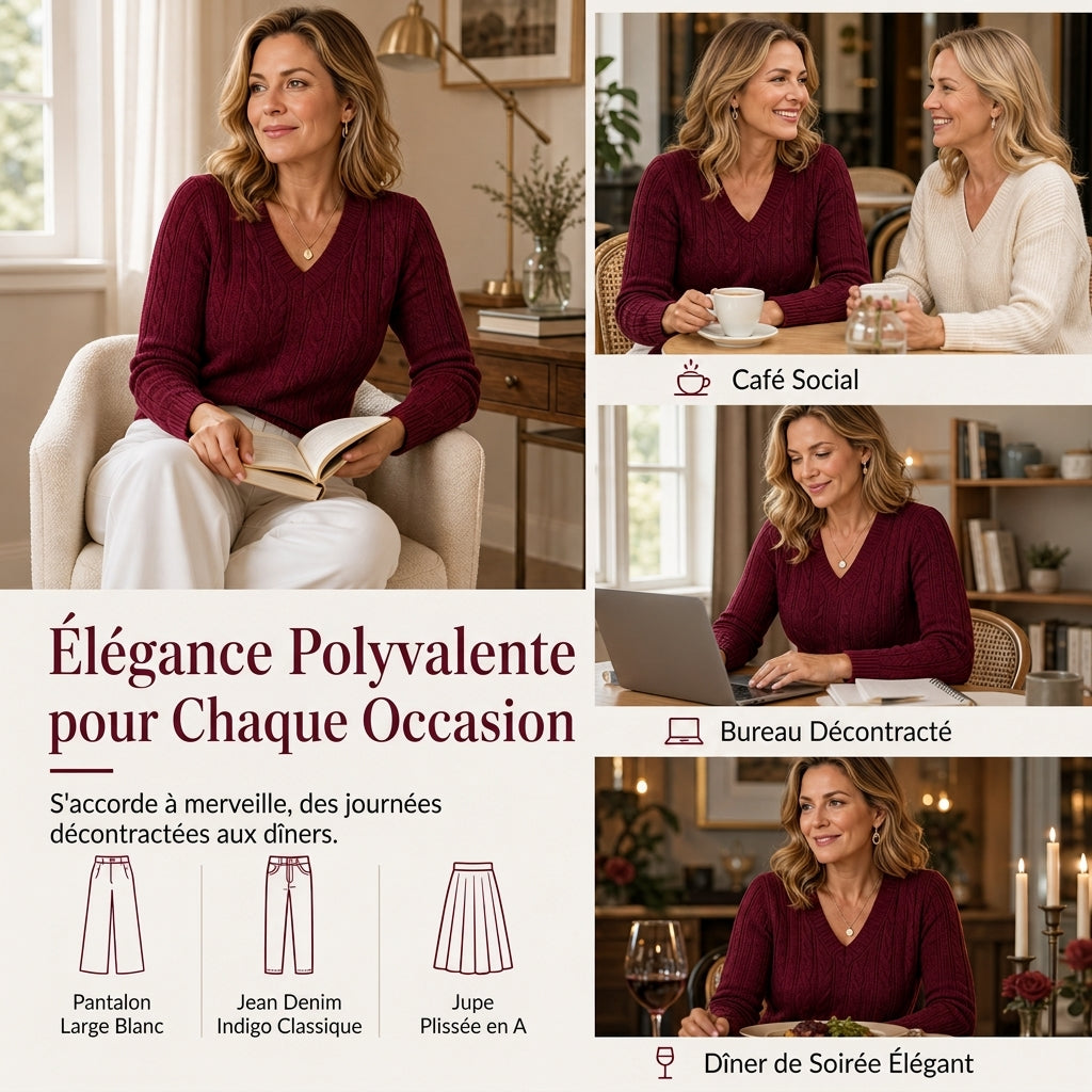 Pull en maille torsadée à col en V pour femme, manches longues, doux et chaud