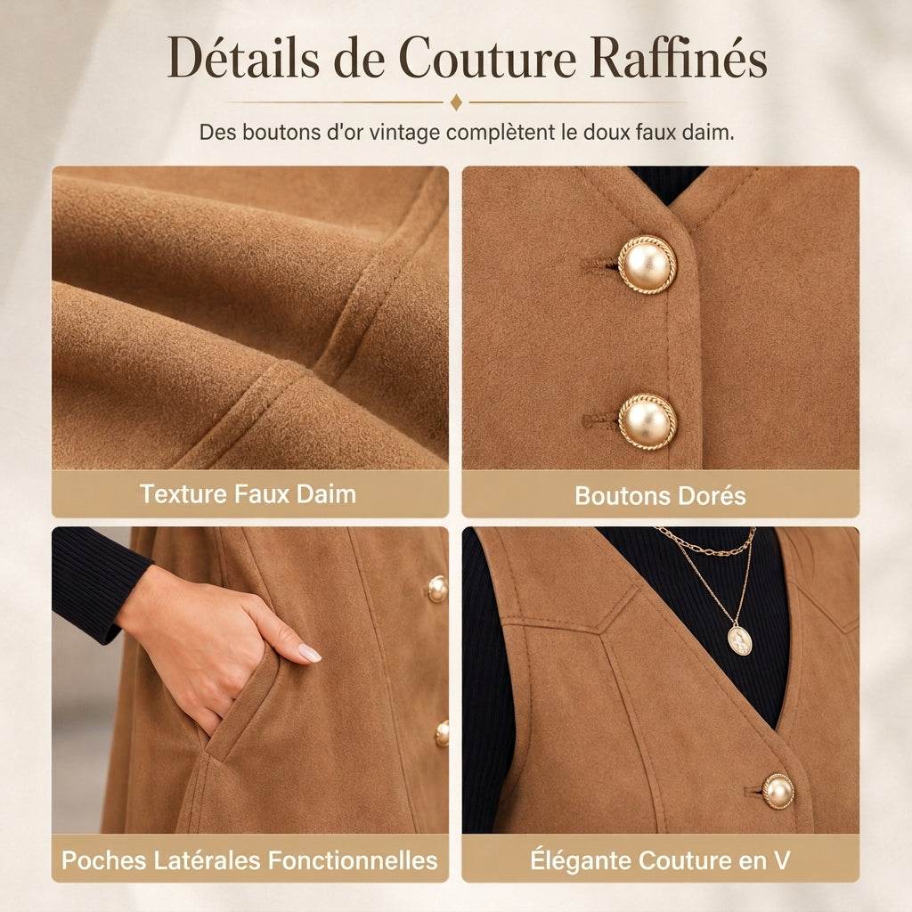 Robe salopette sans manches classique en fausse peau suédée, col en V, boutonnée devant