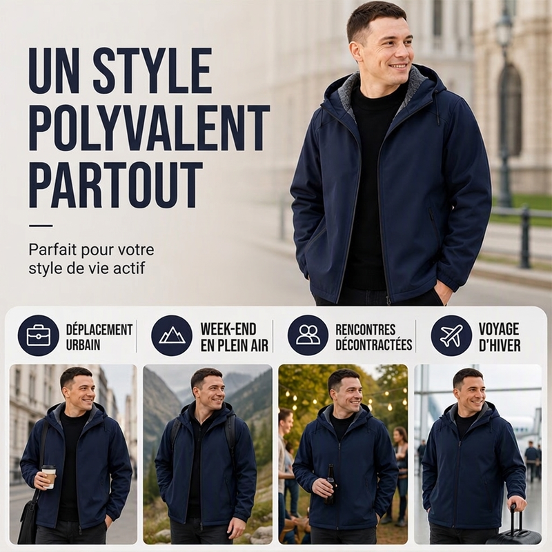 Veste à capuche coupe-vent pour homme, doublée de peluche