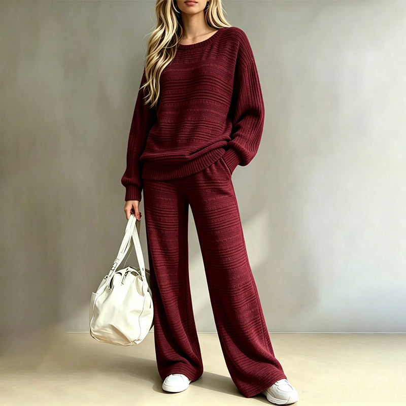 📢🎉-50 %!!!🛍️✨Ensemble deux pièces en maille côtelée pour femme, automne-hiver, manches longues, décontracté, composé d'un haut et d'un pantalon large