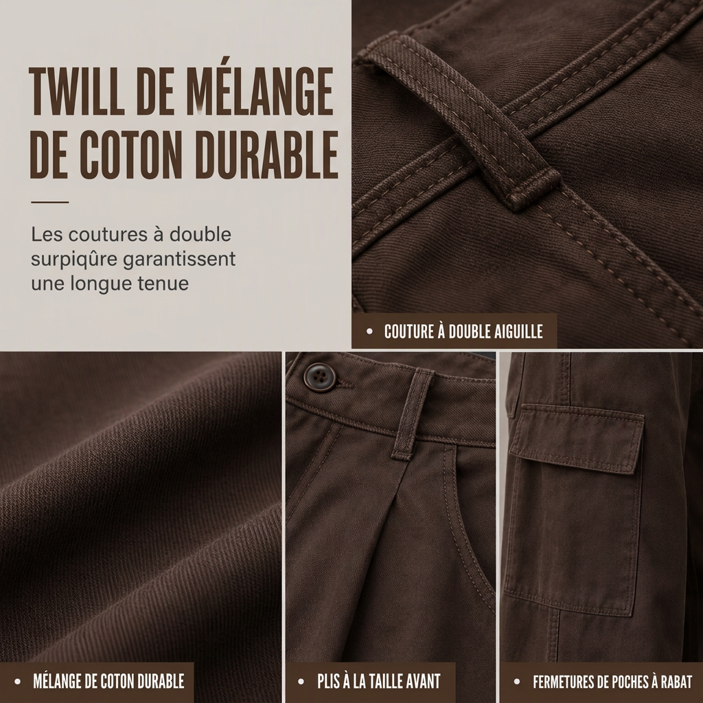 Pantalon cargo ample taille haute pour femme, jambes larges, poches utilitaires, coupe décontractée en mélange coton