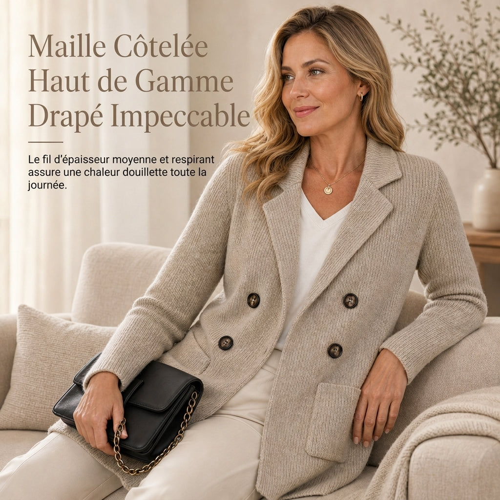 Cardigan en maille côtelée double boutonnage pour femme avec poches et col châle