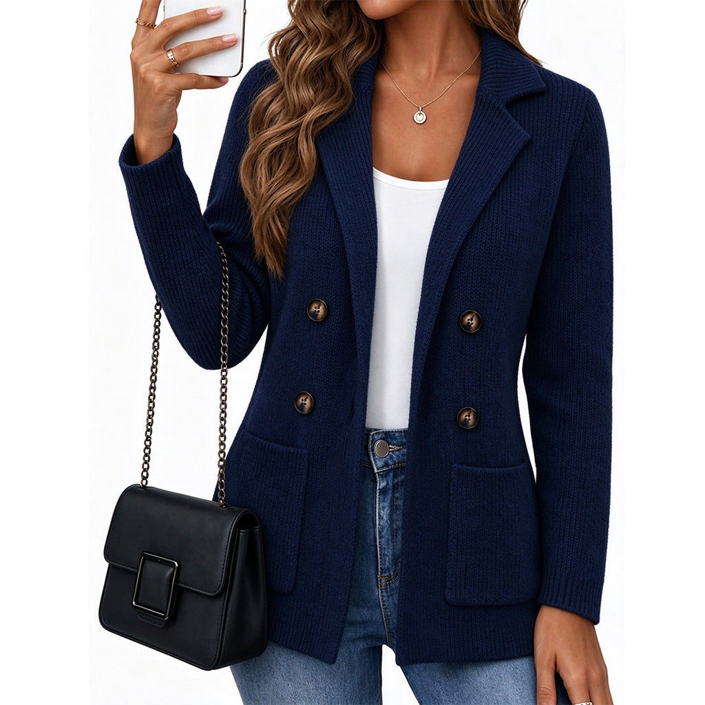 Cardigan en maille côtelée double boutonnage pour femme avec poches et col châle