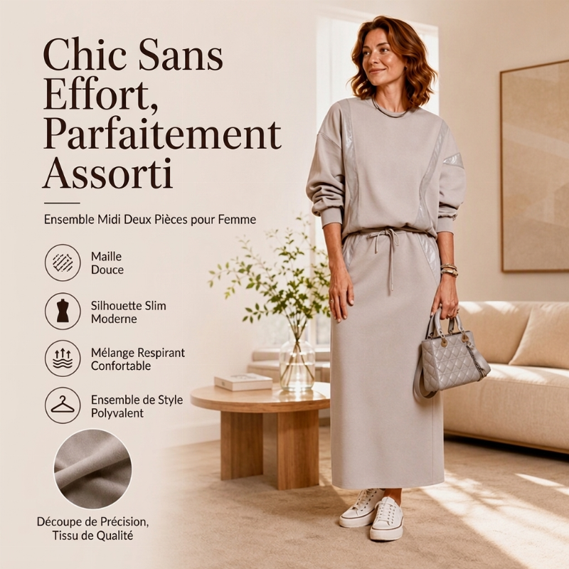 Ensemble 2 pièces pour femme : haut à manches longues et jupe midi à cordon de serrage