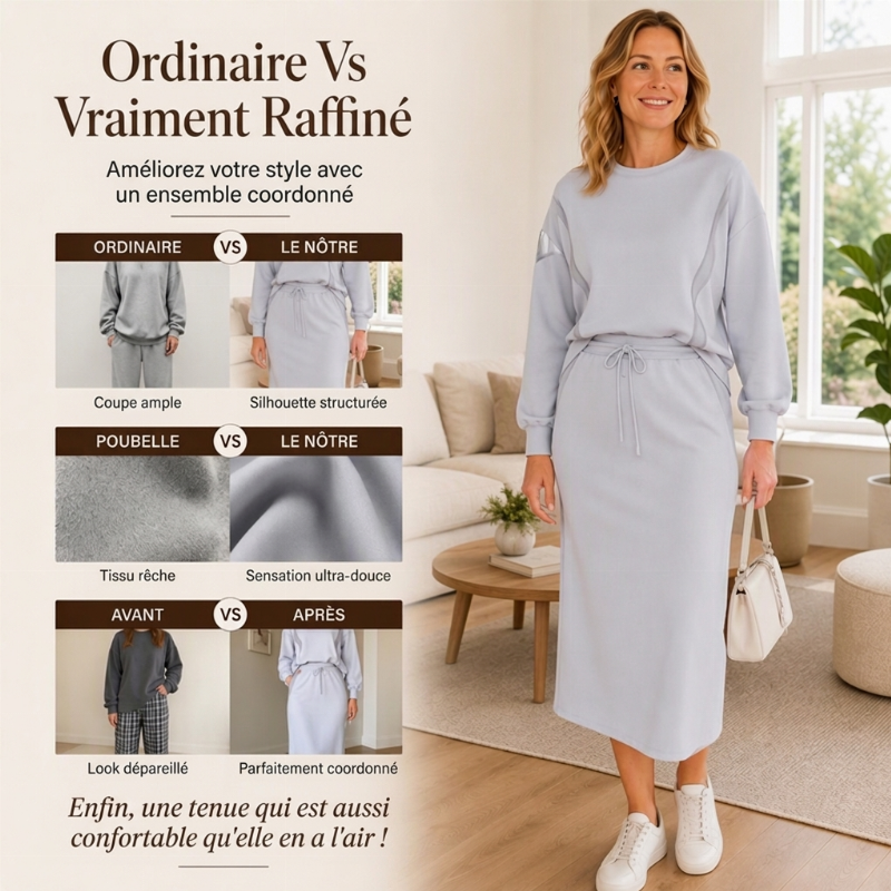 Ensemble 2 pièces pour femme : haut à manches longues et jupe midi à cordon de serrage