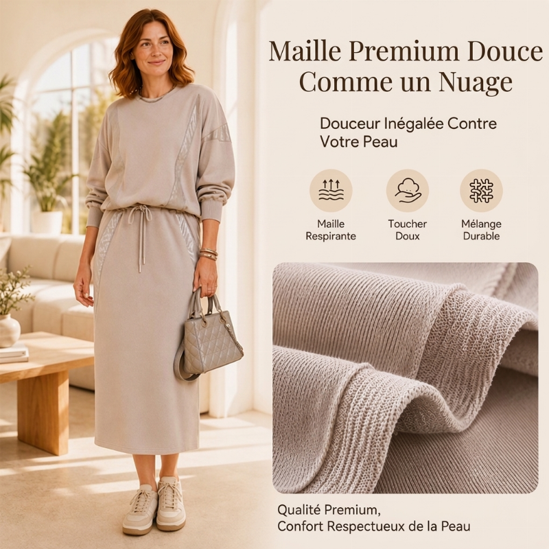 Ensemble 2 pièces pour femme : haut à manches longues et jupe midi à cordon de serrage