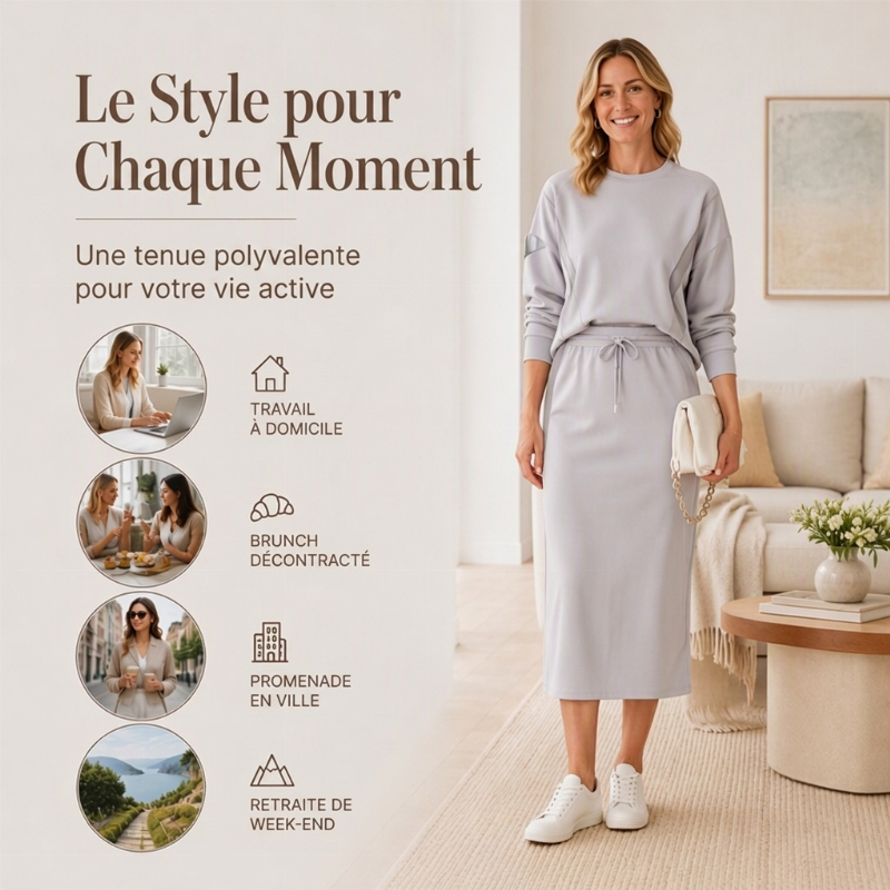Ensemble 2 pièces pour femme : haut à manches longues et jupe midi à cordon de serrage