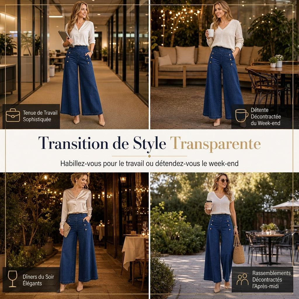 Jeans en denim stretch à taille haute et jambe large avec boutons décoratifs