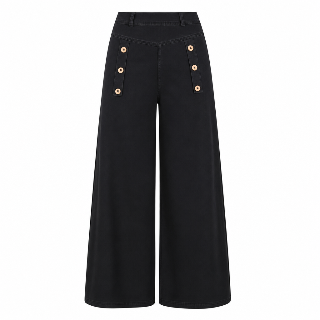Jeans en denim stretch à taille haute et jambe large avec boutons décoratifs
