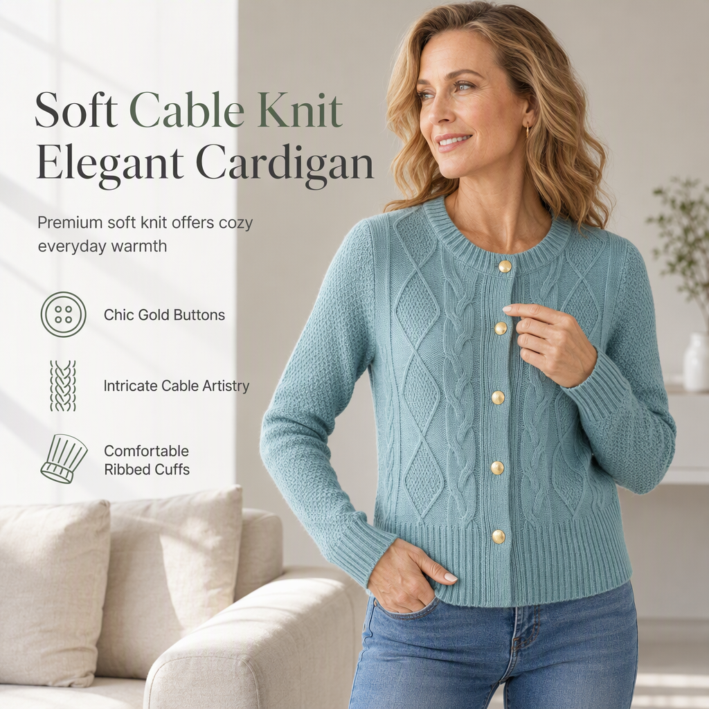 ⏳Liquidation totale⏳Cable Knit Crewneck Cardigan Sweater with Gold Buttons