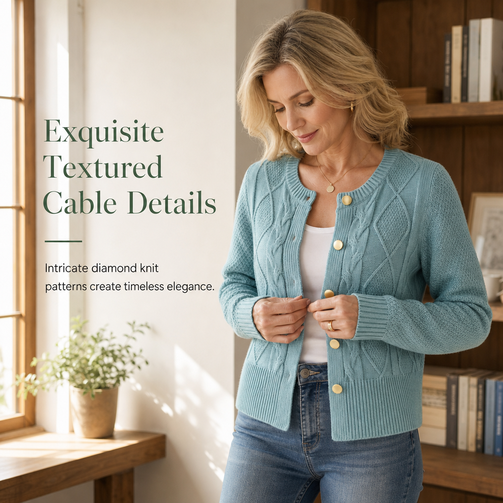 ⏳Liquidation totale⏳Cable Knit Crewneck Cardigan Sweater with Gold Buttons