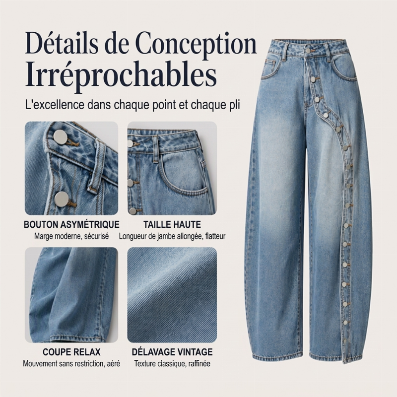 ⏳Liquidation totale⏳Jeans vintage à jambes larges et boutons latéraux pour femme