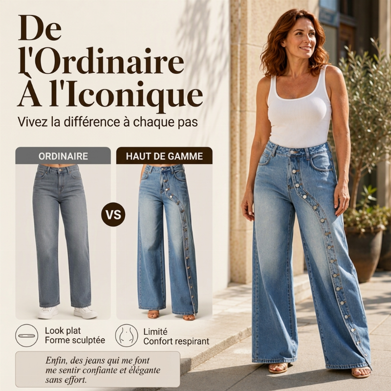 ⏳Liquidation totale⏳Jeans vintage à jambes larges et boutons latéraux pour femme