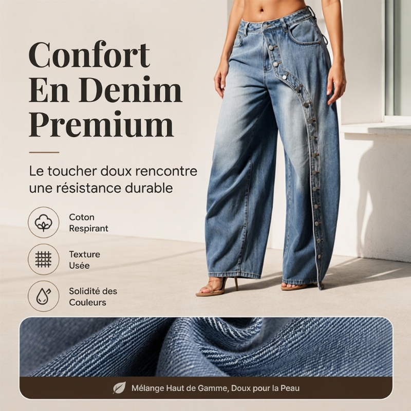 ⏳Liquidation totale⏳Jeans vintage à jambes larges et boutons latéraux pour femme