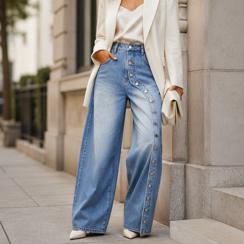 ⏳Liquidation totale⏳Jeans vintage à jambes larges et boutons latéraux pour femme