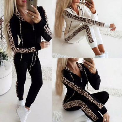 Ensemble femme sweat à manches longues imprimé léopard avec fermeture éclair et pantalon