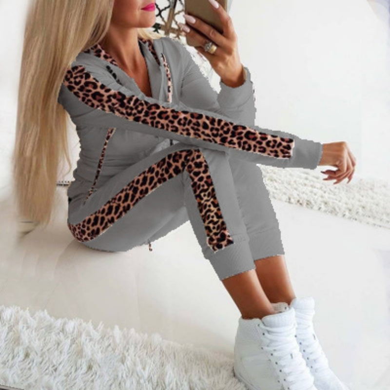 Ensemble femme sweat à manches longues imprimé léopard avec fermeture éclair et pantalon