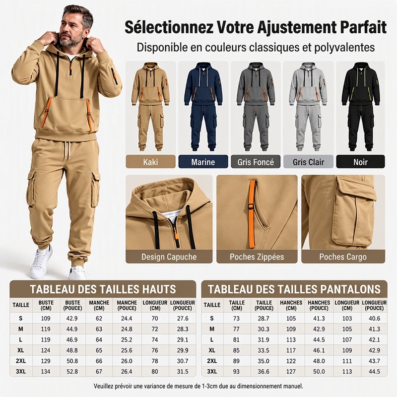 👜 -50 % sur toute la mode femme ! ✨Ensemble à capuche mi-zip et pantalon cargo chaud pour homme
