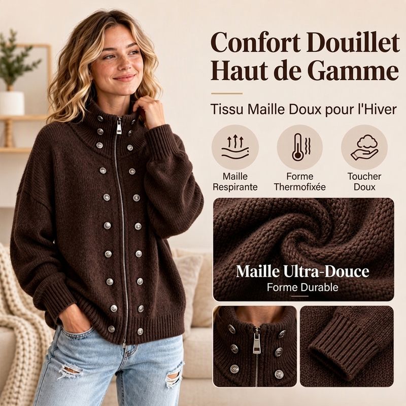 ⏳Liquidation totale⏳Cardigan en tricot à col montant et double boutonnage pour femmes