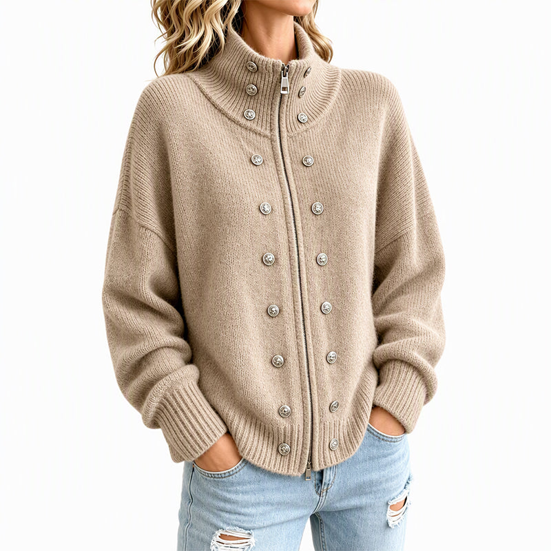 ⏳Liquidation totale⏳Cardigan en tricot à col montant et double boutonnage pour femmes
