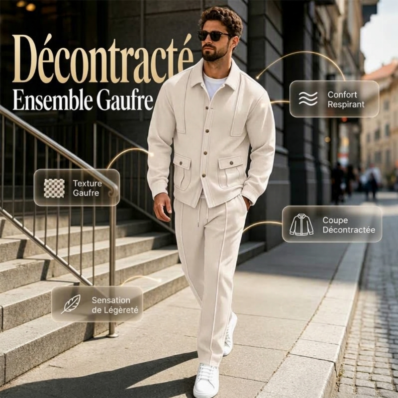 ⏳Liquidation totale⏳Ensemble veste cardigan en maille gaufrée et pantalon pour homme