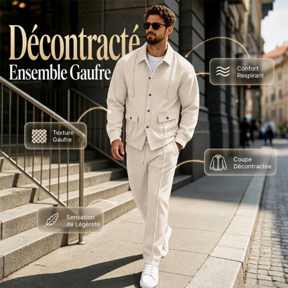 ⏳Liquidation totale⏳Ensemble veste cardigan en maille gaufrée et pantalon pour homme