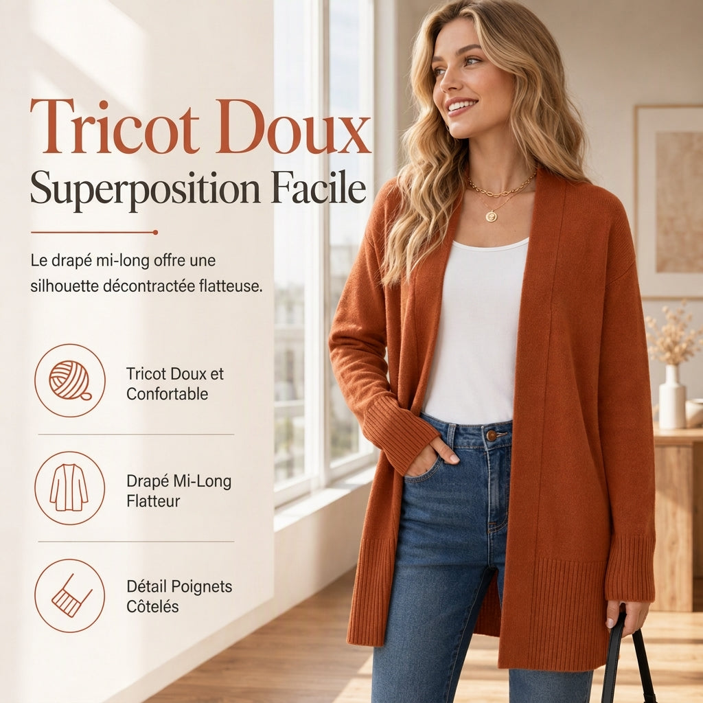 🎁Soldes ! Prix cassés🌍Gilet en maille femme mi-long à ouverture devant avec poignets côtes